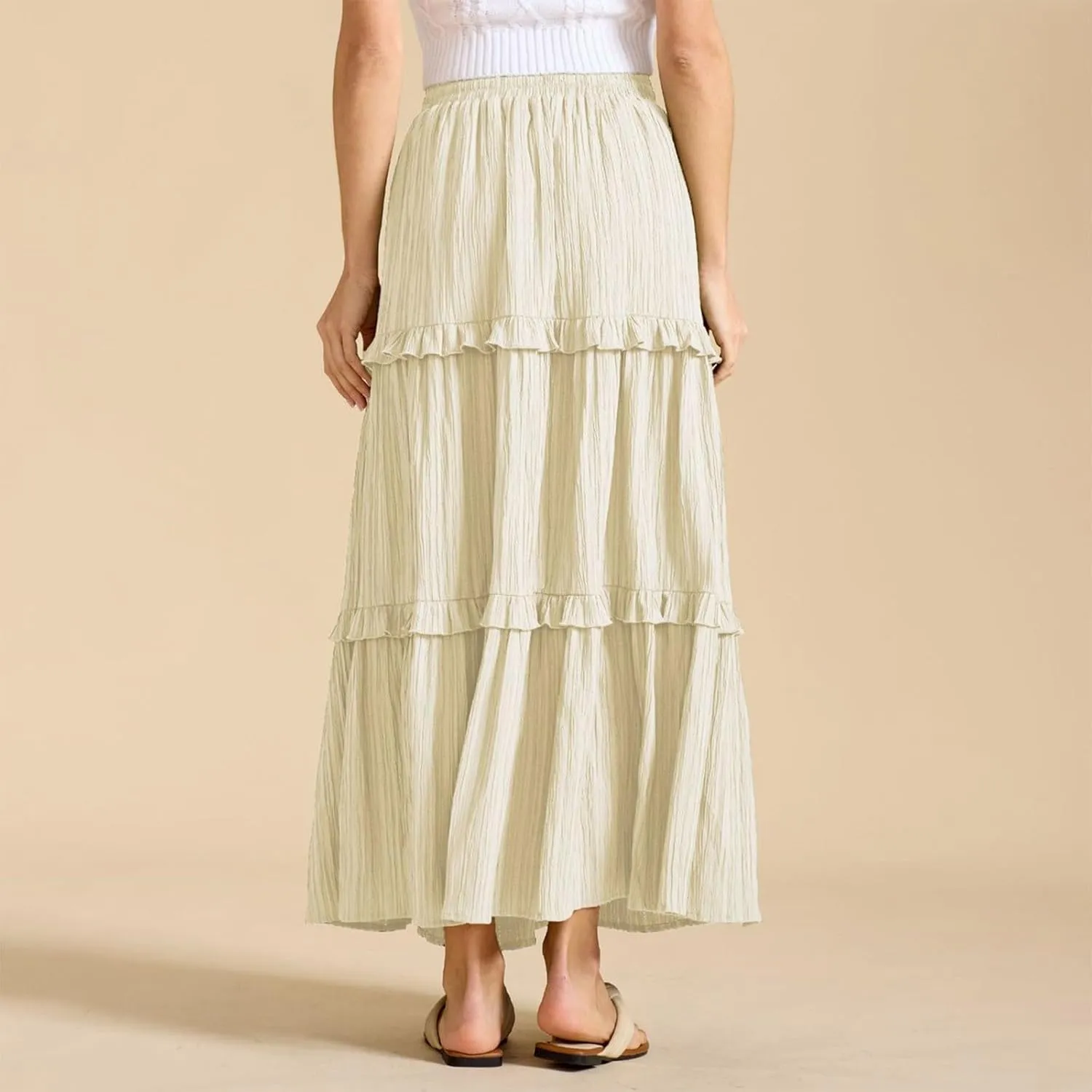 Long Skirts for Women Summer Beach Ruffled Tiered Flowy Boho Skirt Drawstring High Waist Casual Maxi Dress Skorts