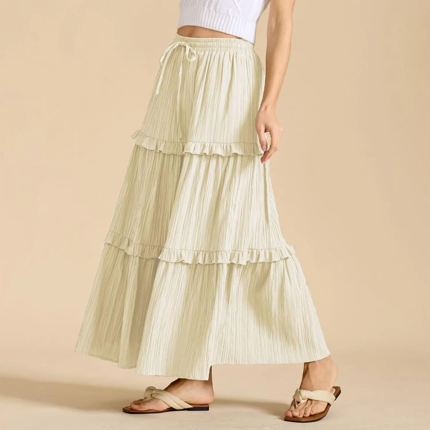 Long Skirts for Women Summer Beach Ruffled Tiered Flowy Boho Skirt Drawstring High Waist Casual Maxi Dress Skorts