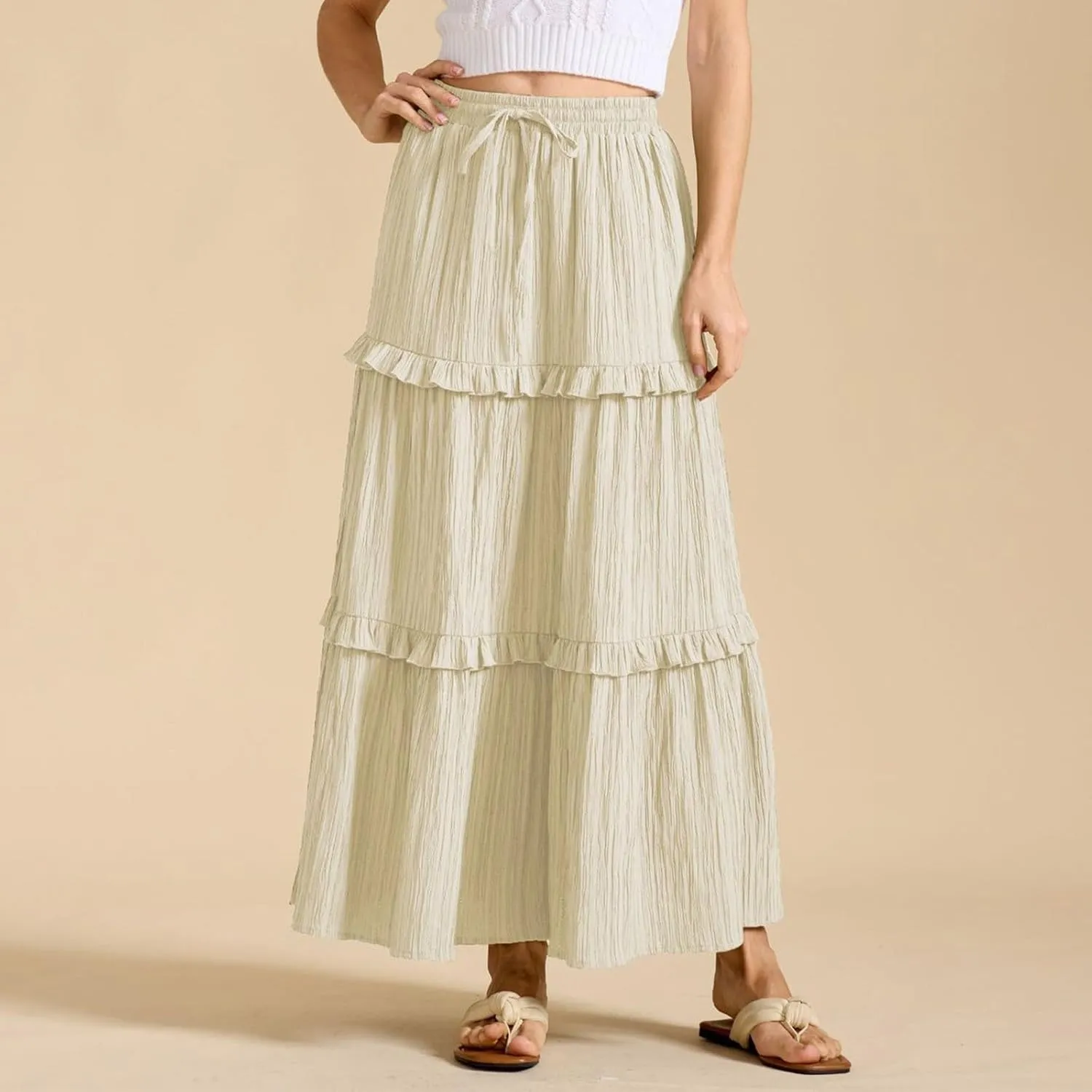Long Skirts for Women Summer Beach Ruffled Tiered Flowy Boho Skirt Drawstring High Waist Casual Maxi Dress Skorts