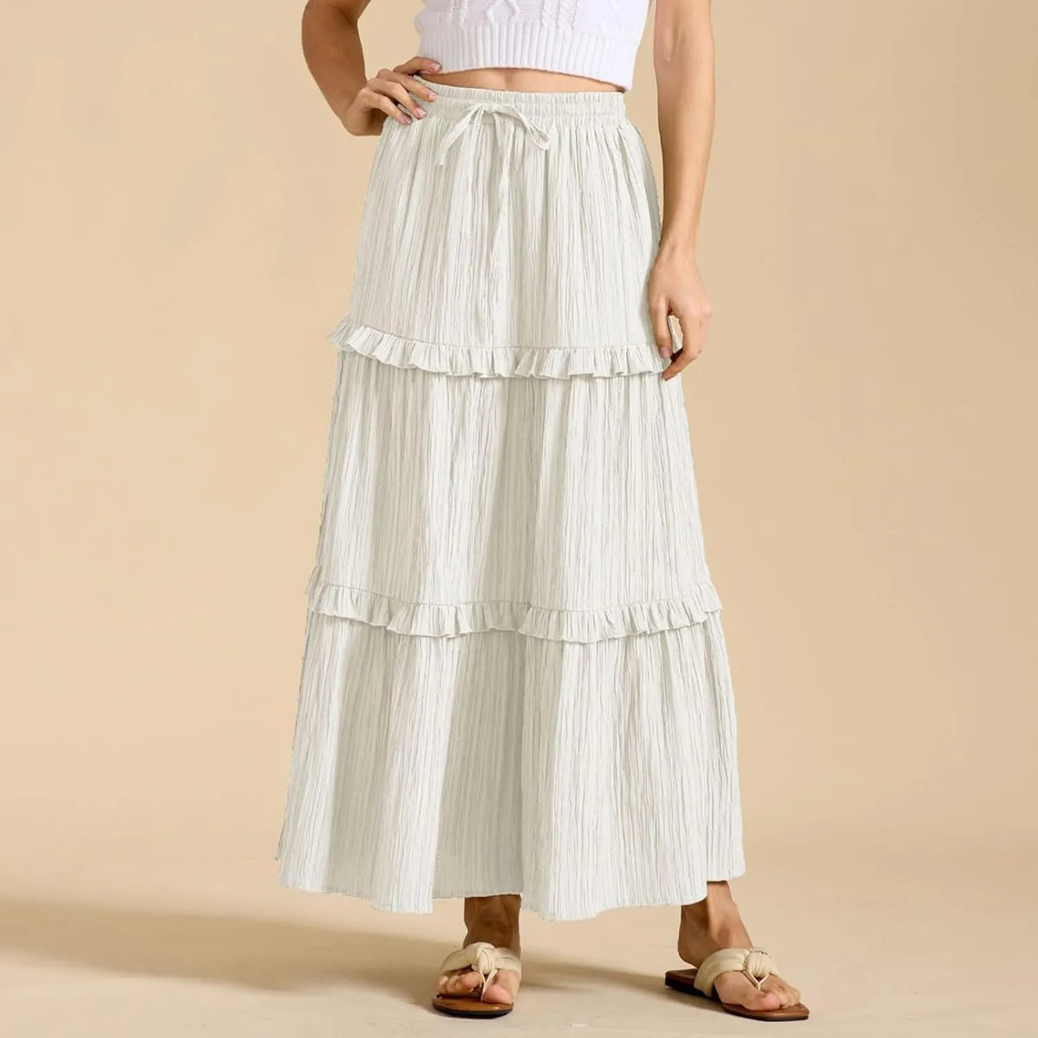Long Skirts for Women Summer Beach Ruffled Tiered Flowy Boho Skirt Drawstring High Waist Casual Maxi Dress Skorts