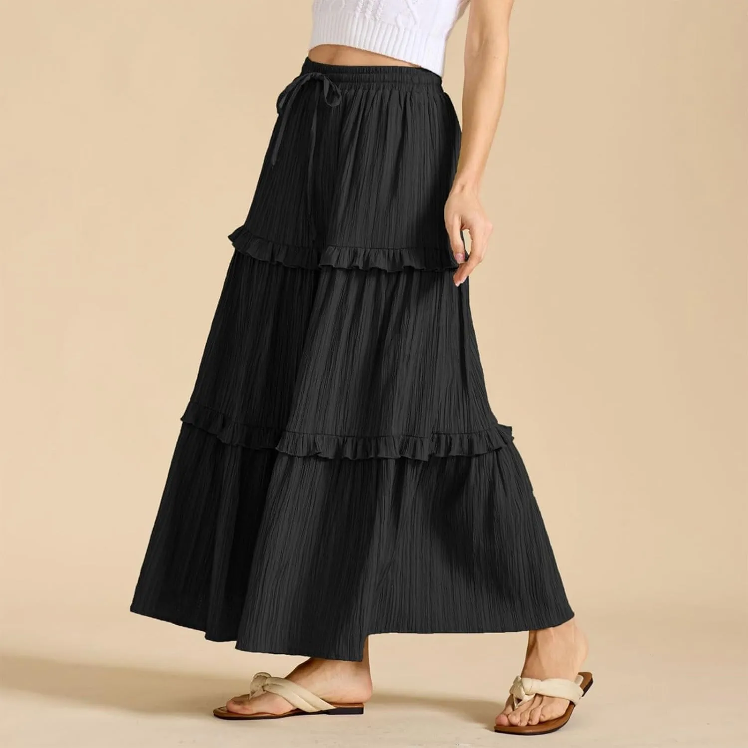 Long Skirts for Women Summer Beach Ruffled Tiered Flowy Boho Skirt Drawstring High Waist Casual Maxi Dress Skorts