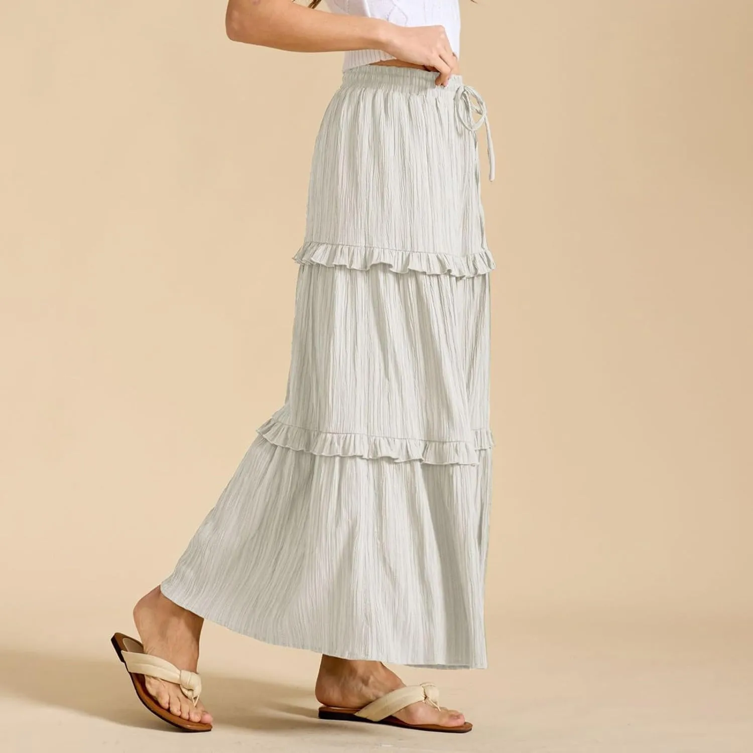 Long Skirts for Women Summer Beach Ruffled Tiered Flowy Boho Skirt Drawstring High Waist Casual Maxi Dress Skorts