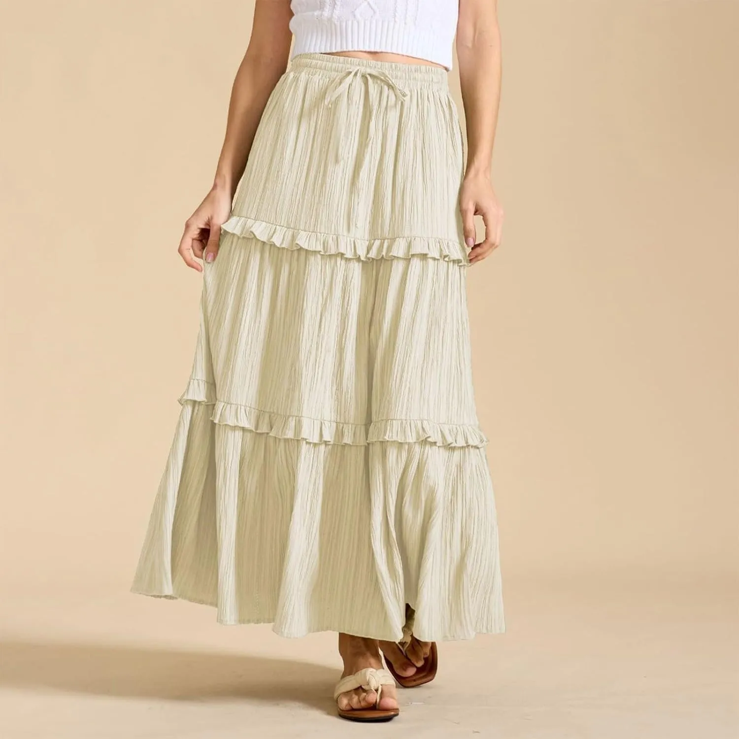 Long Skirts for Women Summer Beach Ruffled Tiered Flowy Boho Skirt Drawstring High Waist Casual Maxi Dress Skorts