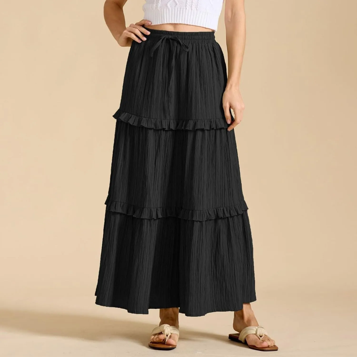 Long Skirts for Women Summer Beach Ruffled Tiered Flowy Boho Skirt Drawstring High Waist Casual Maxi Dress Skorts