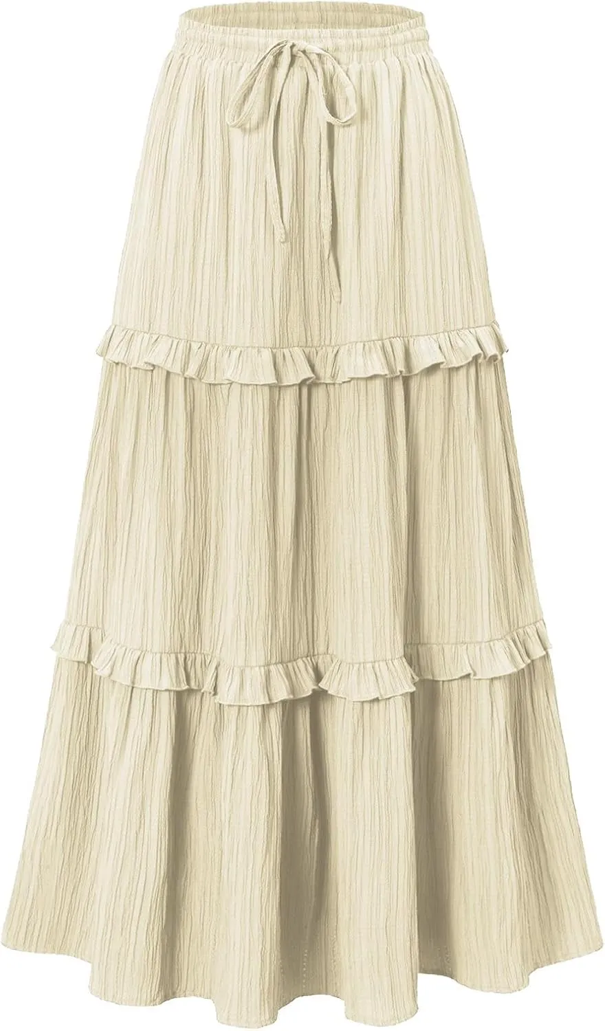 Long Skirts for Women Summer Beach Ruffled Tiered Flowy Boho Skirt Drawstring High Waist Casual Maxi Dress Skorts