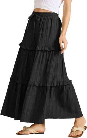 Long Skirts for Women Summer Beach Ruffled Tiered Flowy Boho Skirt Drawstring High Waist Casual Maxi Dress Skorts