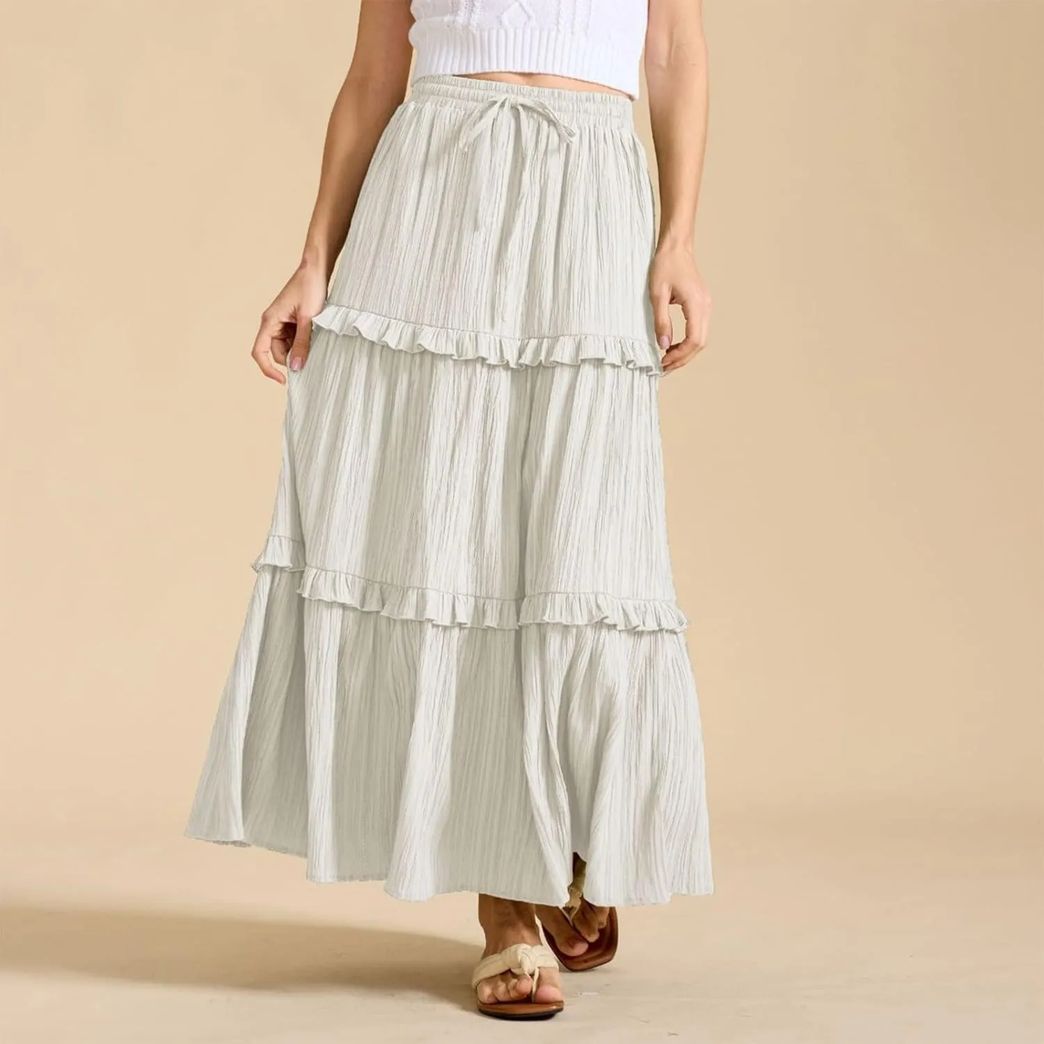 Long Skirts for Women Summer Beach Ruffled Tiered Flowy Boho Skirt Drawstring High Waist Casual Maxi Dress Skorts