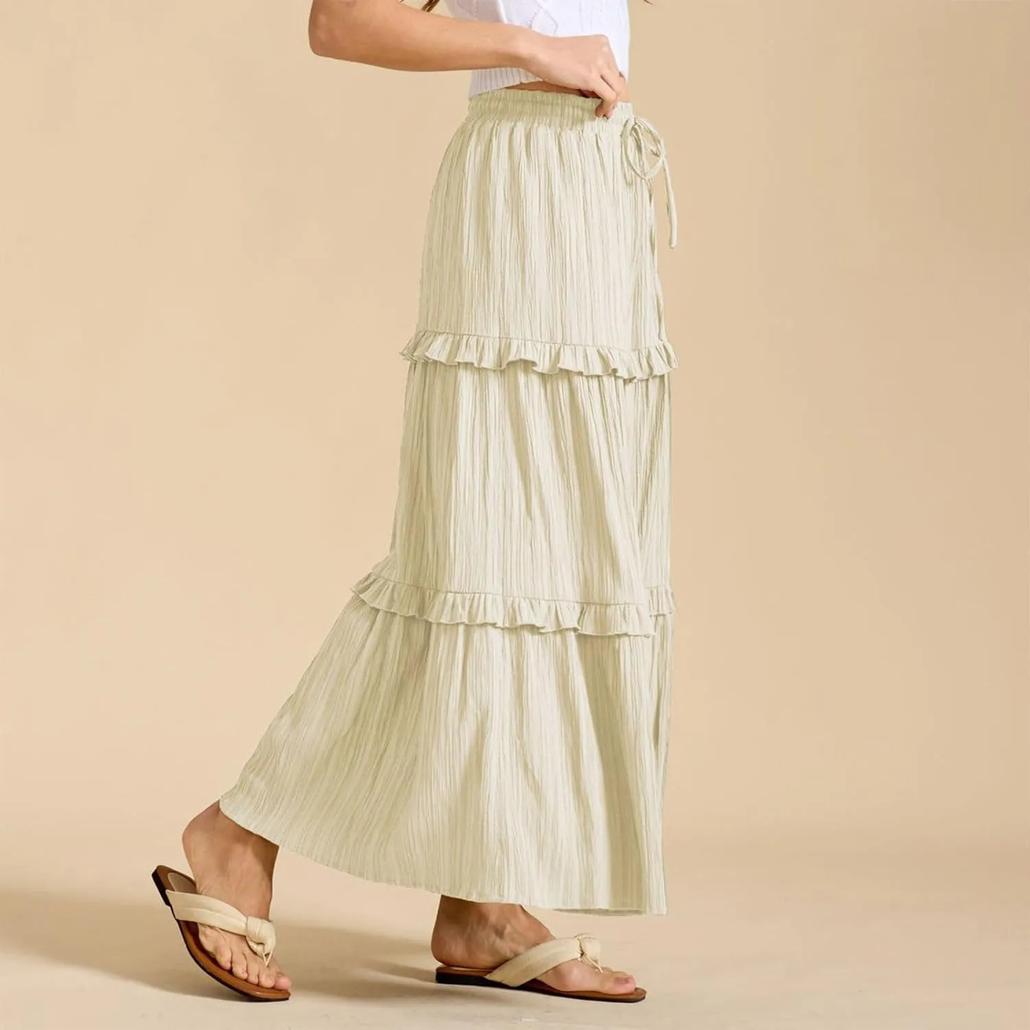 Long Skirts for Women Summer Beach Ruffled Tiered Flowy Boho Skirt Drawstring High Waist Casual Maxi Dress Skorts
