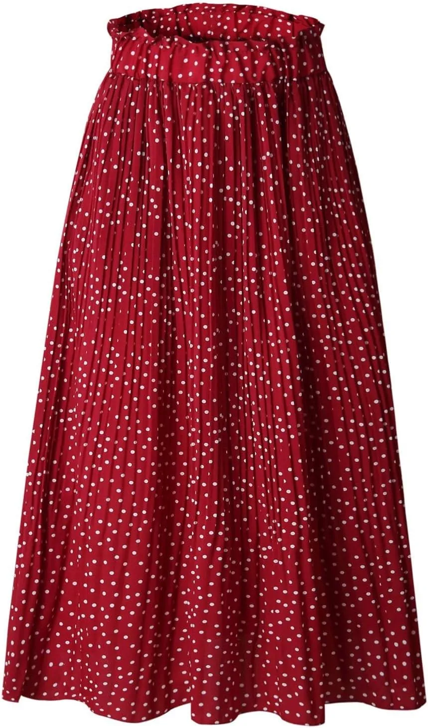 Long Skirts for Women Trendy Summer Boho Flowy Swing A-Line Elastic High Waist Pleated Midi Skirt Dress with Pockets