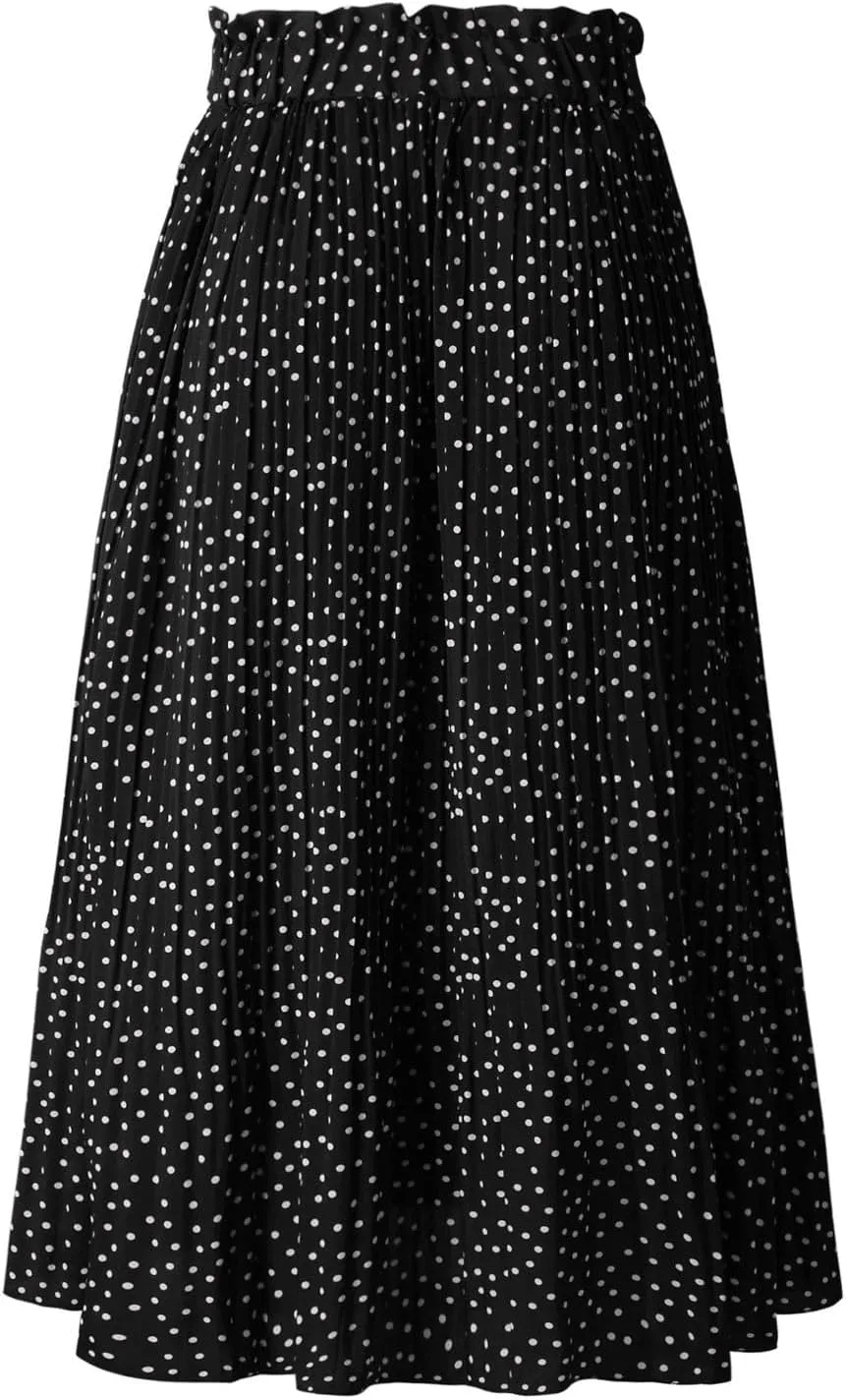 Long Skirts for Women Trendy Summer Boho Flowy Swing A-Line Elastic High Waist Pleated Midi Skirt Dress with Pockets