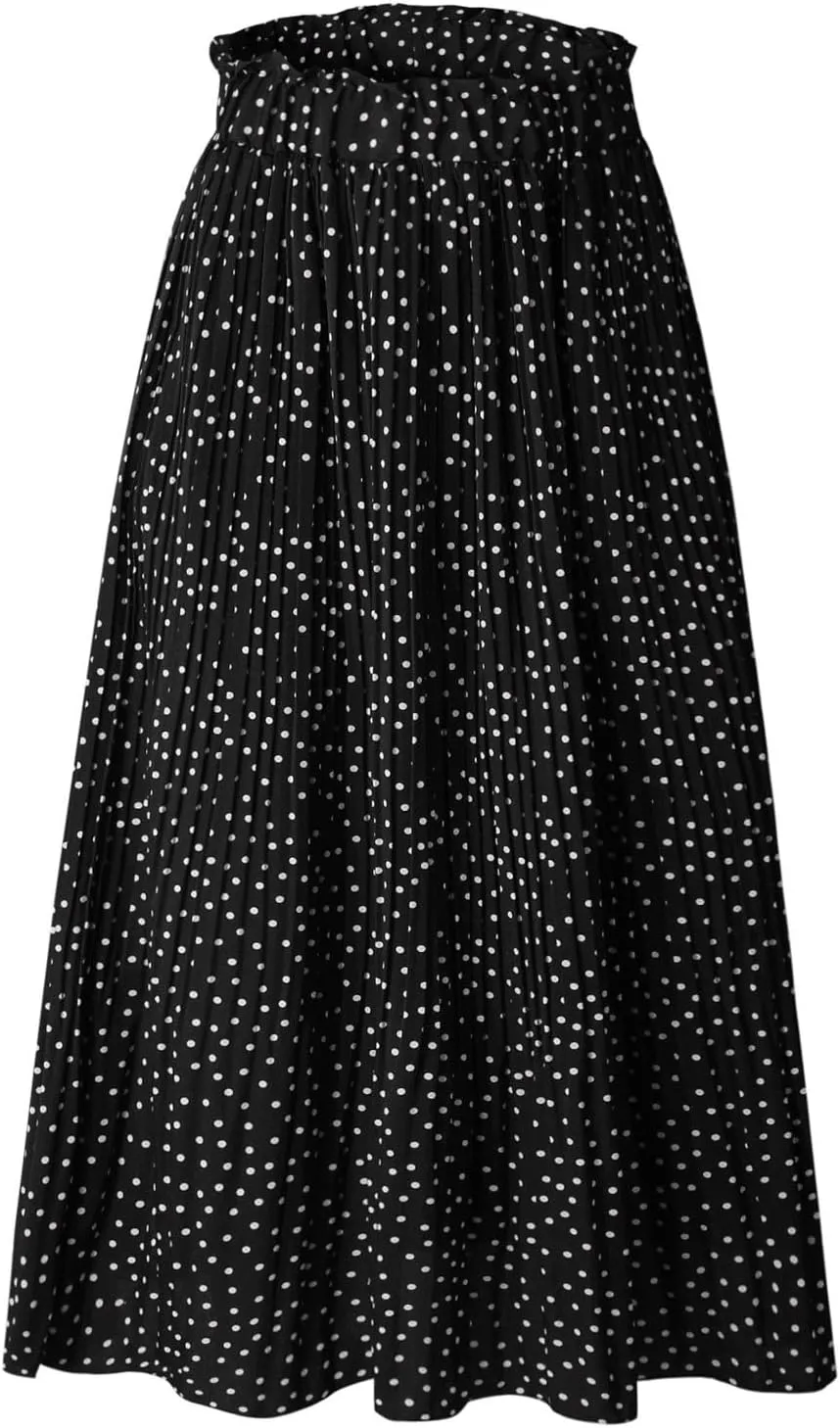 Long Skirts for Women Trendy Summer Boho Flowy Swing A-Line Elastic High Waist Pleated Midi Skirt Dress with Pockets