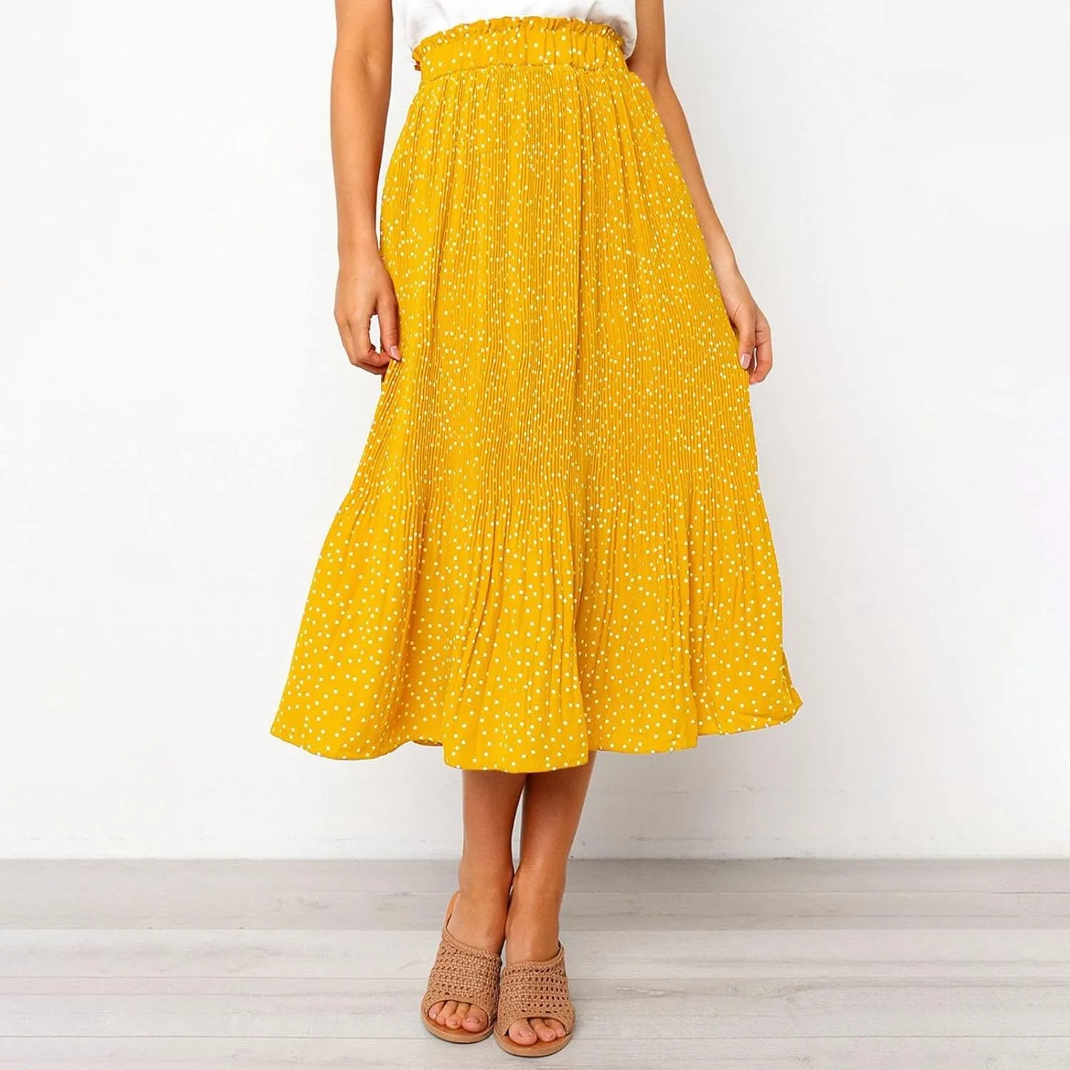 Long Skirts for Women Trendy Summer Boho Flowy Swing A-Line Elastic High Waist Pleated Midi Skirt Dress with Pockets