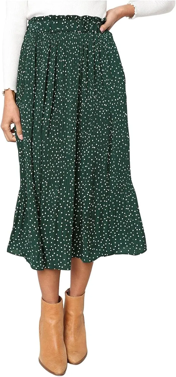 Long Skirts for Women Trendy Summer Boho Flowy Swing A-Line Elastic High Waist Pleated Midi Skirt Dress with Pockets