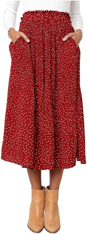 Long Skirts for Women Trendy Summer Boho Flowy Swing A-Line Elastic High Waist Pleated Midi Skirt Dress with Pockets