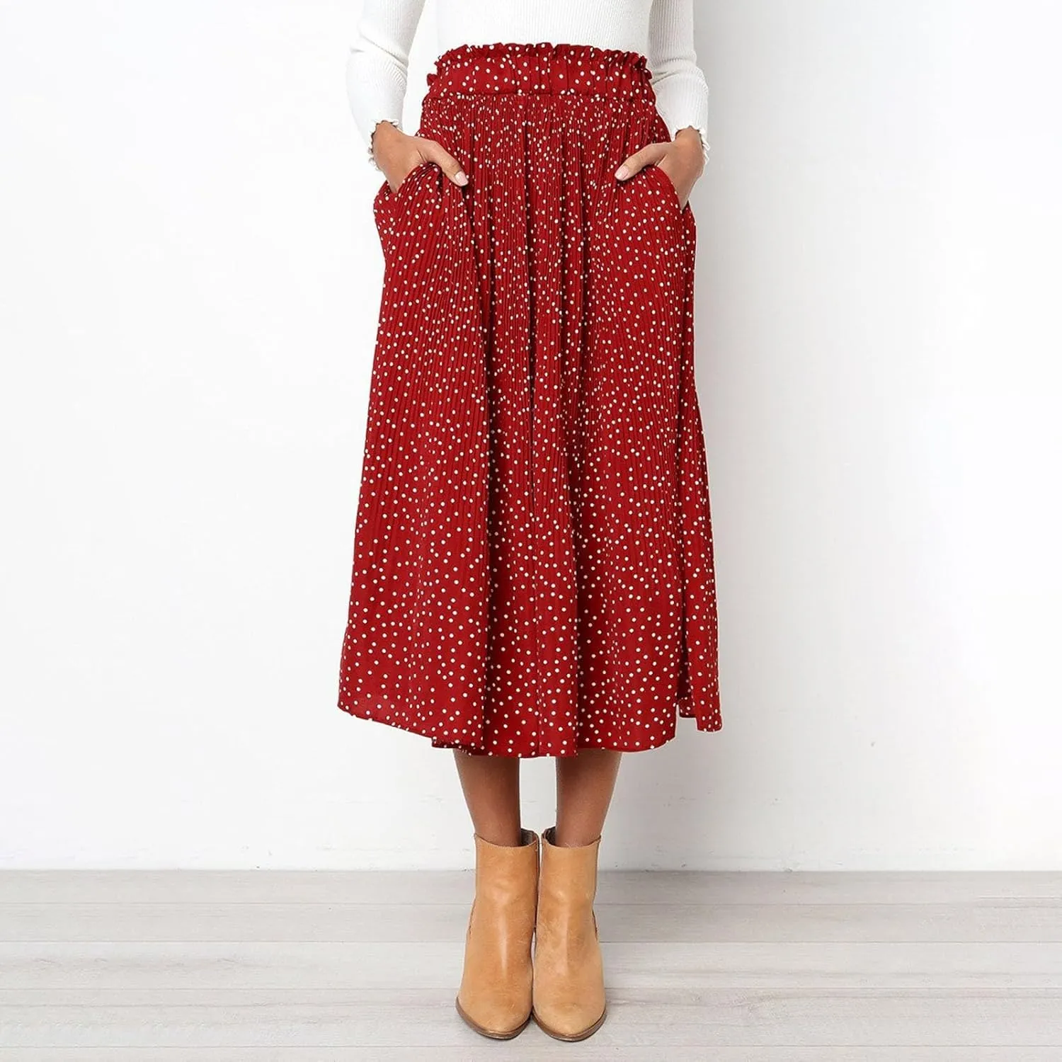 Long Skirts for Women Trendy Summer Boho Flowy Swing A-Line Elastic High Waist Pleated Midi Skirt Dress with Pockets