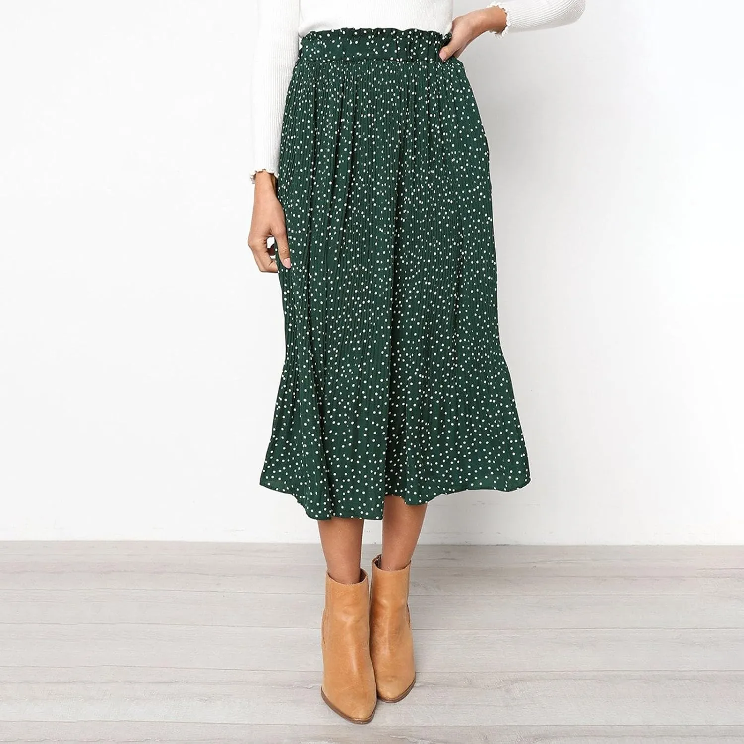 Long Skirts for Women Trendy Summer Boho Flowy Swing A-Line Elastic High Waist Pleated Midi Skirt Dress with Pockets