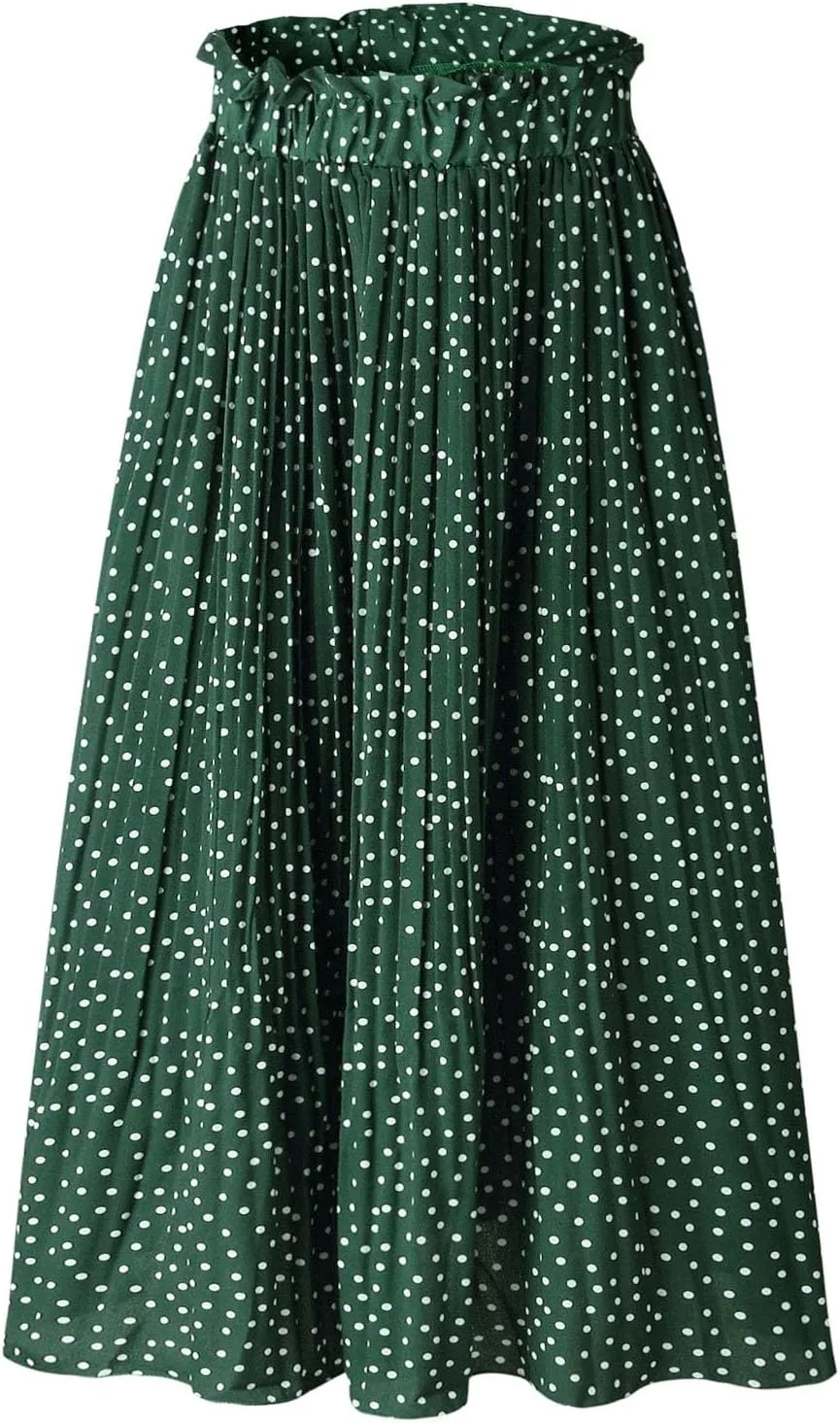 Long Skirts for Women Trendy Summer Boho Flowy Swing A-Line Elastic High Waist Pleated Midi Skirt Dress with Pockets
