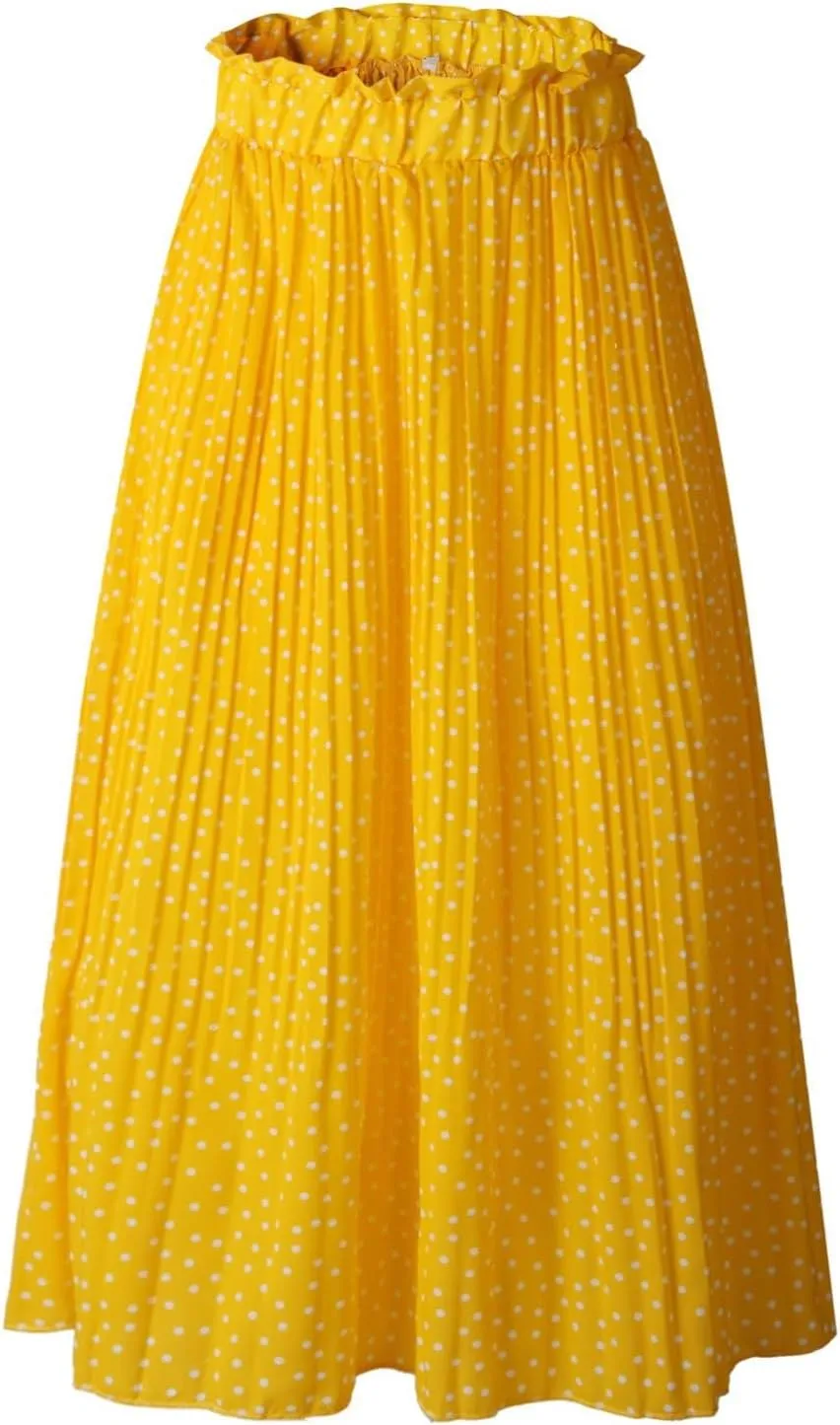 Long Skirts for Women Trendy Summer Boho Flowy Swing A-Line Elastic High Waist Pleated Midi Skirt Dress with Pockets