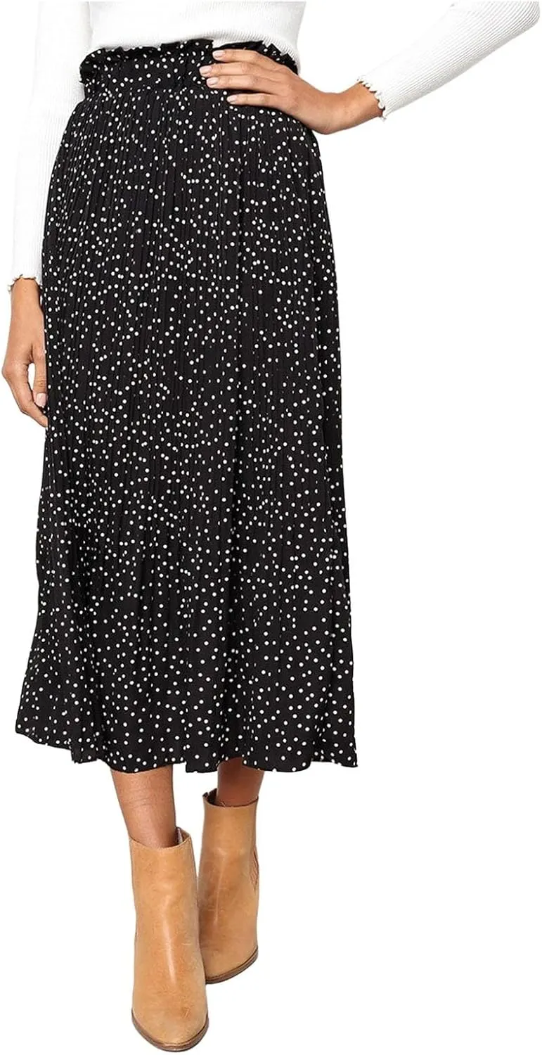Long Skirts for Women Trendy Summer Boho Flowy Swing A-Line Elastic High Waist Pleated Midi Skirt Dress with Pockets