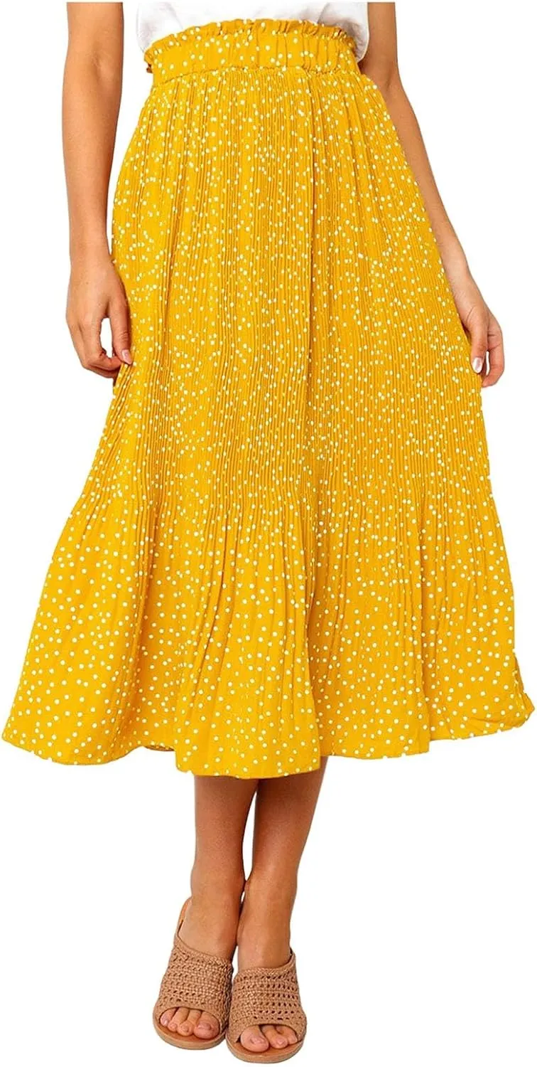 Long Skirts for Women Trendy Summer Boho Flowy Swing A-Line Elastic High Waist Pleated Midi Skirt Dress with Pockets