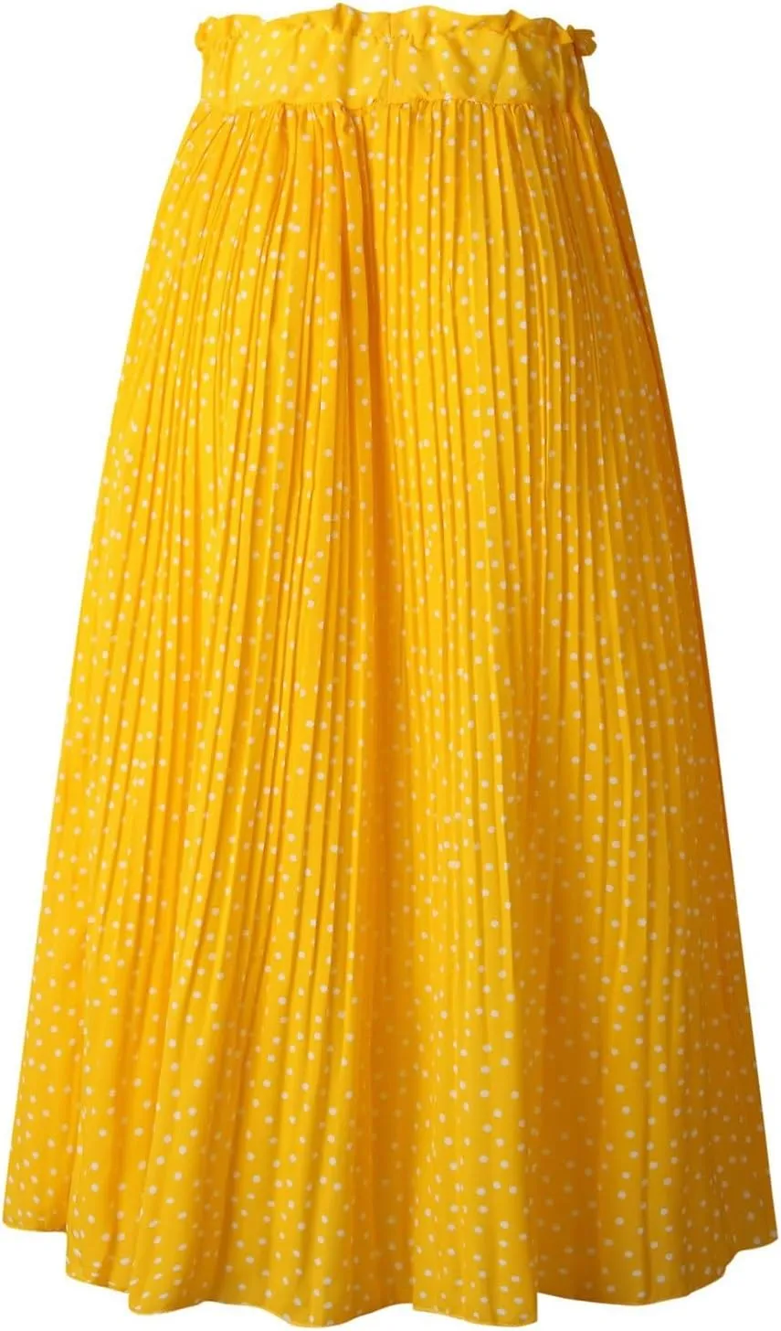 Long Skirts for Women Trendy Summer Boho Flowy Swing A-Line Elastic High Waist Pleated Midi Skirt Dress with Pockets