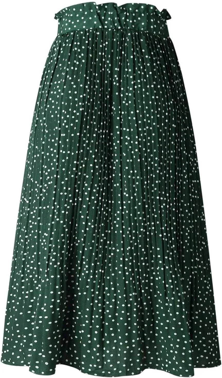 Long Skirts for Women Trendy Summer Boho Flowy Swing A-Line Elastic High Waist Pleated Midi Skirt Dress with Pockets