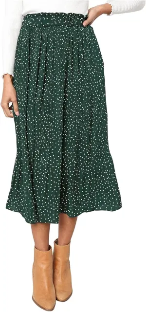 Long Skirts for Women Trendy Summer Boho Flowy Swing A-Line Elastic High Waist Pleated Midi Skirt Dress with Pockets