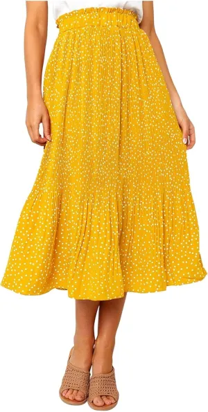 Long Skirts for Women Trendy Summer Boho Flowy Swing A-Line Elastic High Waist Pleated Midi Skirt Dress with Pockets