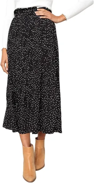 Long Skirts for Women Trendy Summer Boho Flowy Swing A-Line Elastic High Waist Pleated Midi Skirt Dress with Pockets