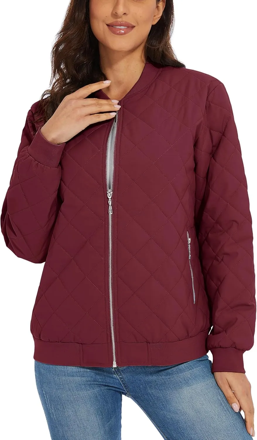 MAGCOMSEN Women's Diamond Quilted Jackets Lightweight Casual Bomber Jacket Warm Cotton Padded Coats with 2 Pockets