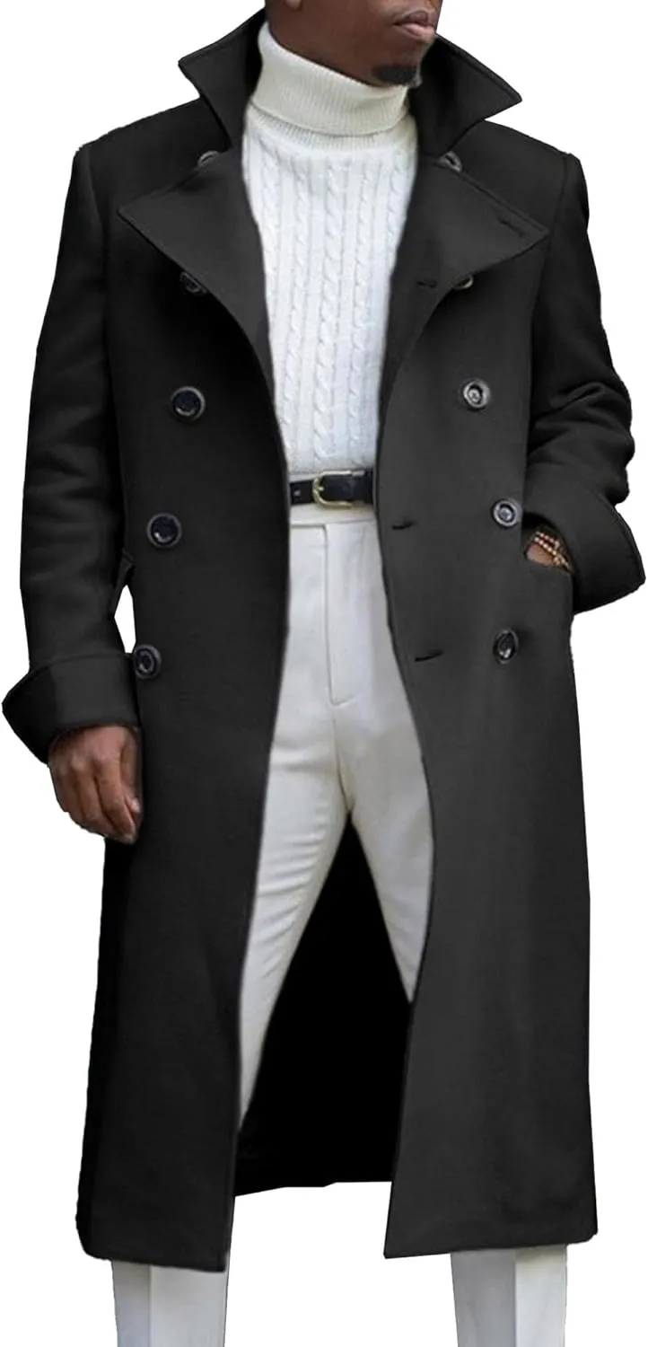 Maiyifu-GJ Men's Notched Collar Thermal Trench Coat Double Breasted Wool Blend Coats Casual Winter Warm Long Pea Jacket