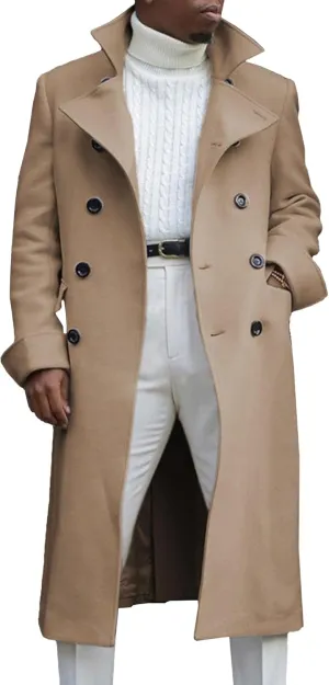 Maiyifu-GJ Men's Notched Collar Thermal Trench Coat Double Breasted Wool Blend Coats Casual Winter Warm Long Pea Jacket
