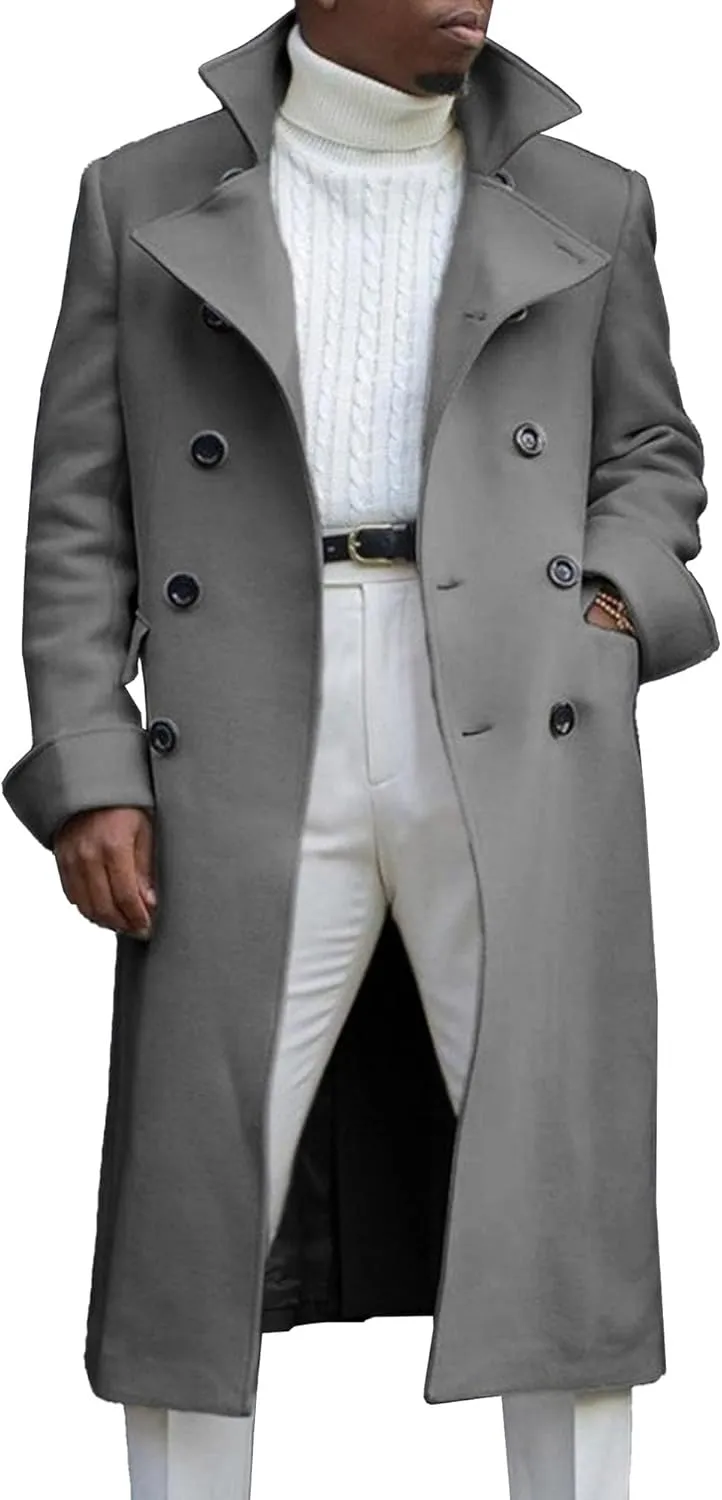 Maiyifu-GJ Men's Notched Collar Thermal Trench Coat Double Breasted Wool Blend Coats Casual Winter Warm Long Pea Jacket