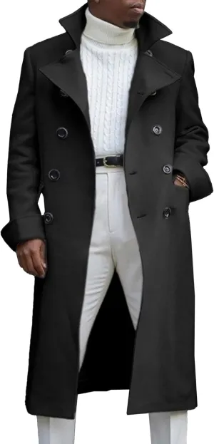 Maiyifu-GJ Men's Notched Collar Thermal Trench Coat Double Breasted Wool Blend Coats Casual Winter Warm Long Pea Jacket