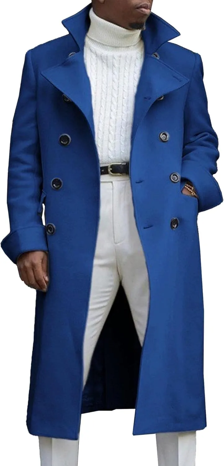 Maiyifu-GJ Men's Notched Collar Thermal Trench Coat Double Breasted Wool Blend Coats Casual Winter Warm Long Pea Jacket