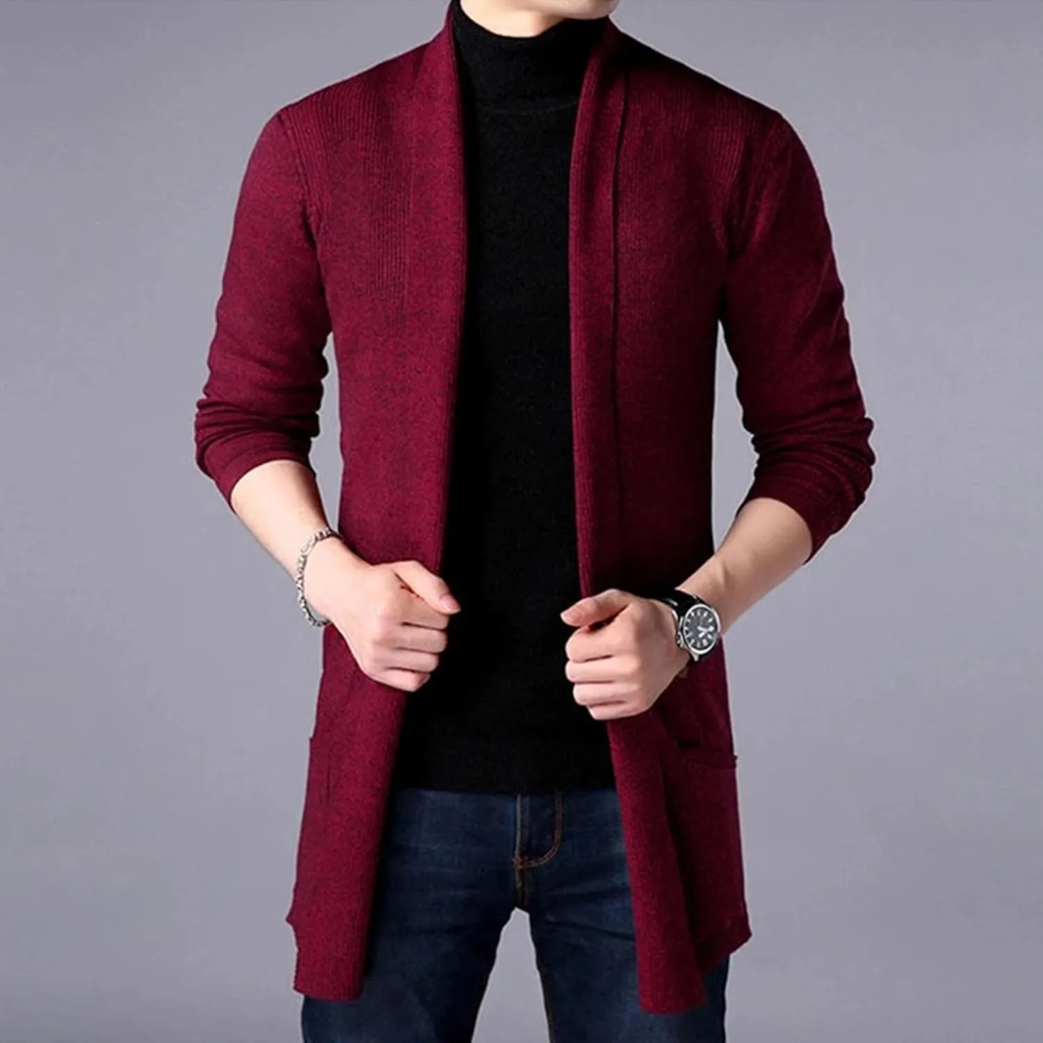 Maiyifu-GJ Men's Open Front Long Cardigan Sweaters Fashion Casual Slim Fit Knitted Cardigan Sweater Lightweight Jackets