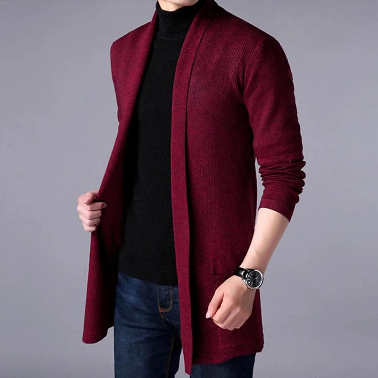 Maiyifu-GJ Men's Open Front Long Cardigan Sweaters Fashion Casual Slim Fit Knitted Cardigan Sweater Lightweight Jackets
