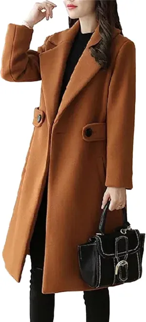 Maiyifu-GJ Women's Elegant Notched Lapel Coat Mid-Length Thicken Warm Wool Blend Coats Casual Fall Winter Long Overcoat
