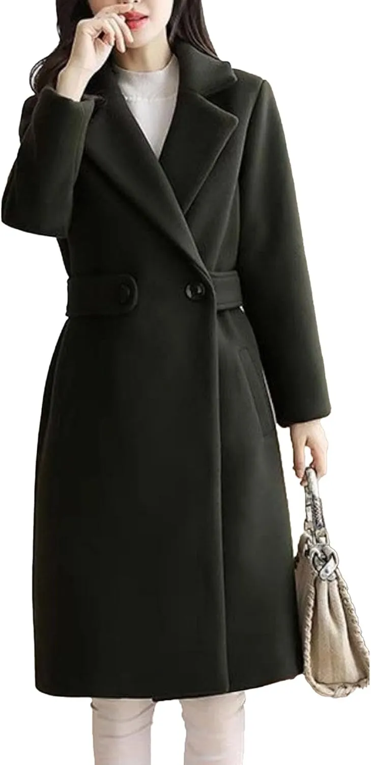 Maiyifu-GJ Women's Elegant Notched Lapel Coat Mid-Length Thicken Warm Wool Blend Coats Casual Fall Winter Long Overcoat