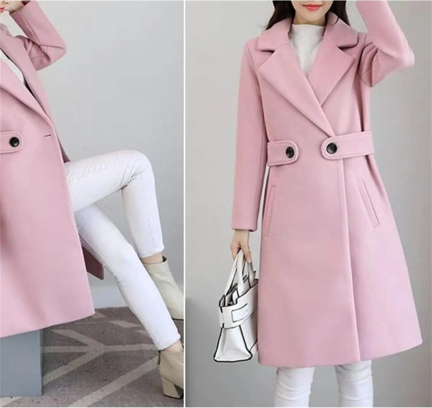 Maiyifu-GJ Women's Elegant Notched Lapel Coat Mid-Length Thicken Warm Wool Blend Coats Casual Fall Winter Long Overcoat