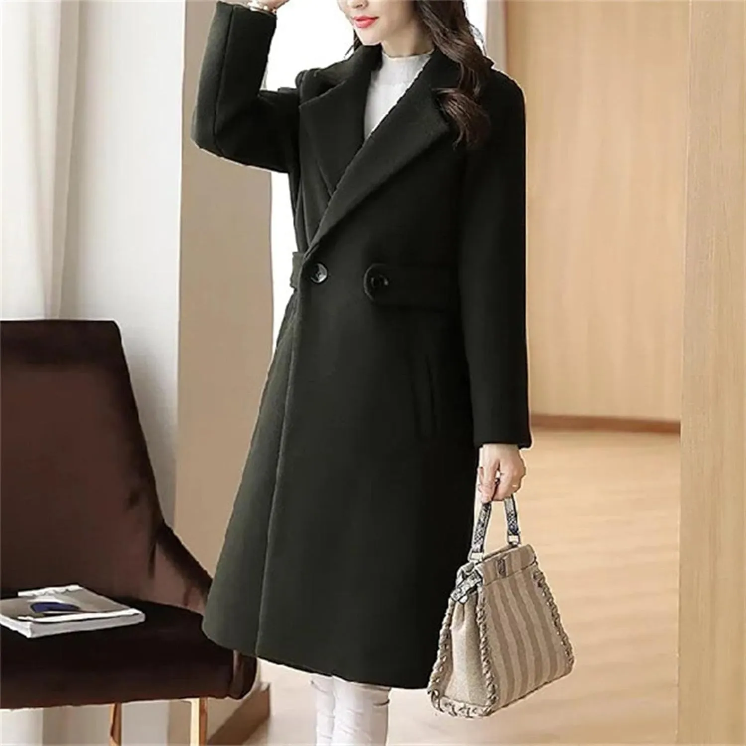 Maiyifu-GJ Women's Elegant Notched Lapel Coat Mid-Length Thicken Warm Wool Blend Coats Casual Fall Winter Long Overcoat