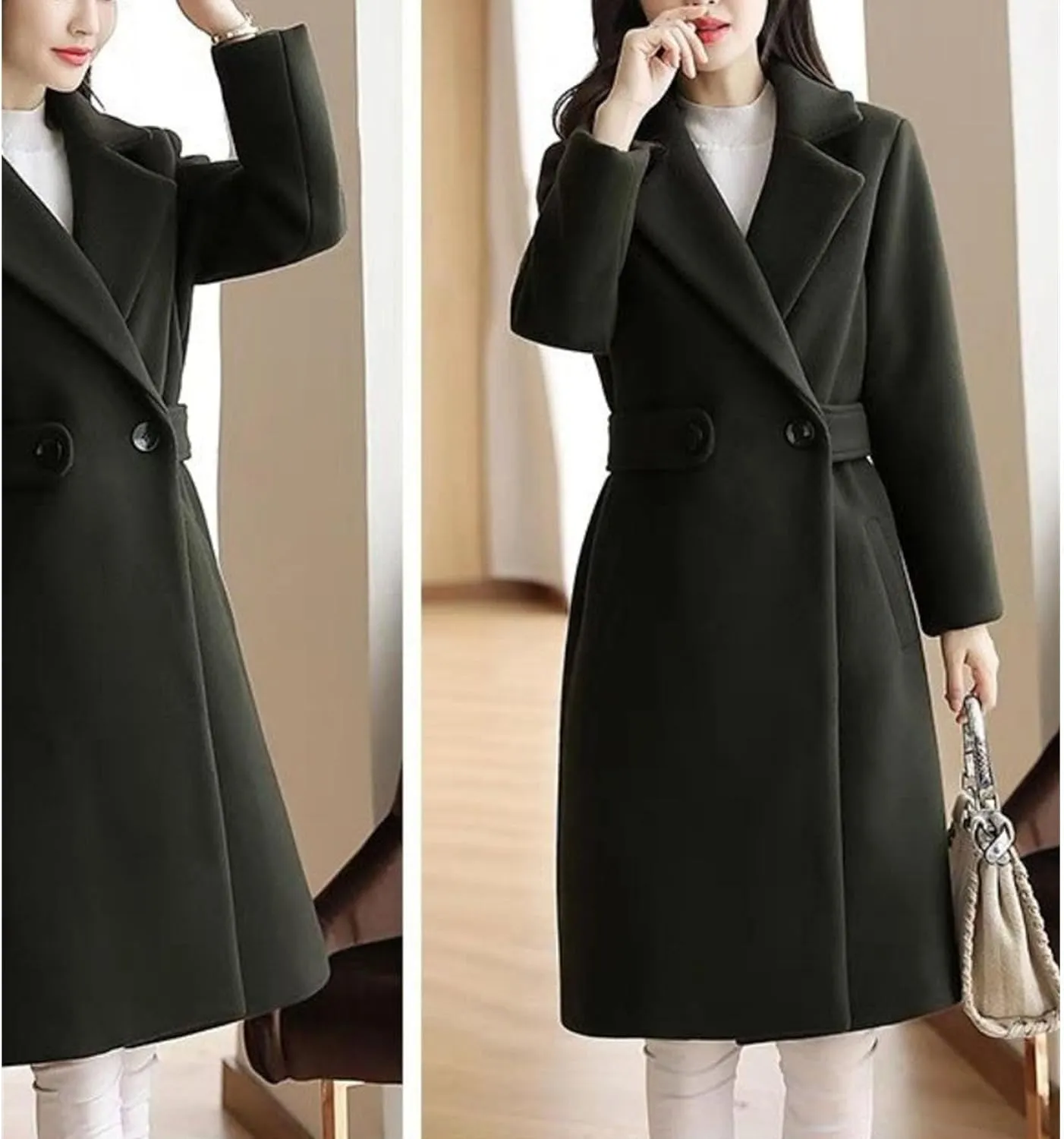 Maiyifu-GJ Women's Elegant Notched Lapel Coat Mid-Length Thicken Warm Wool Blend Coats Casual Fall Winter Long Overcoat