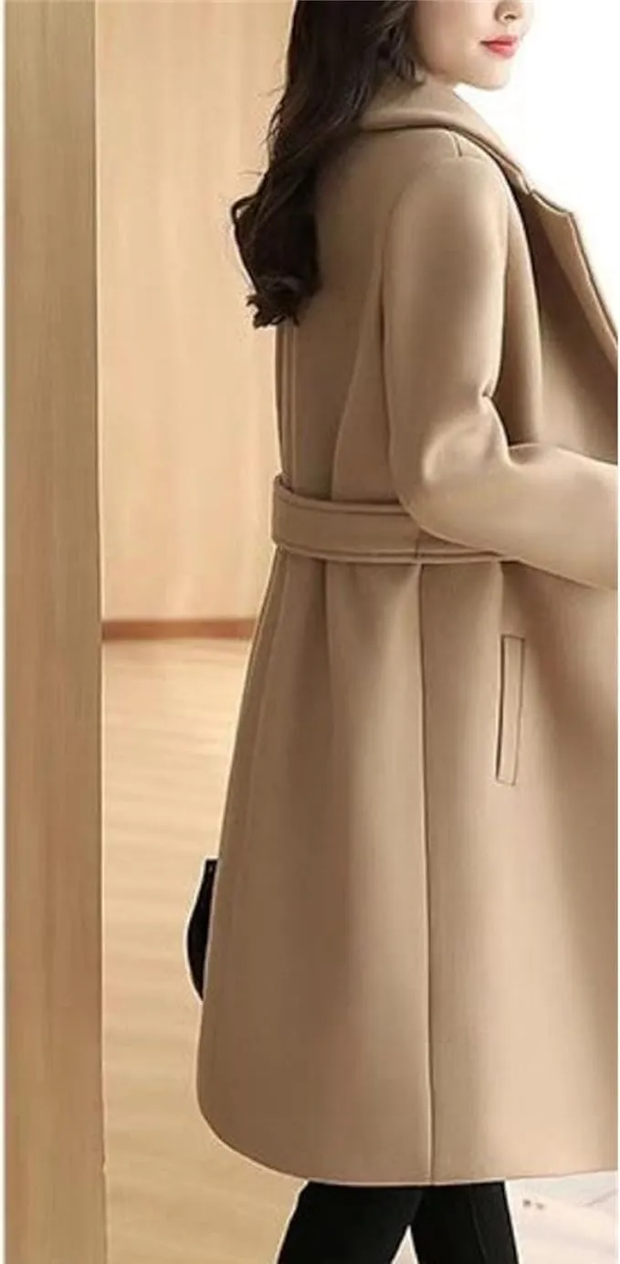Maiyifu-GJ Women's Elegant Notched Lapel Coat Mid-Length Thicken Warm Wool Blend Coats Casual Fall Winter Long Overcoat