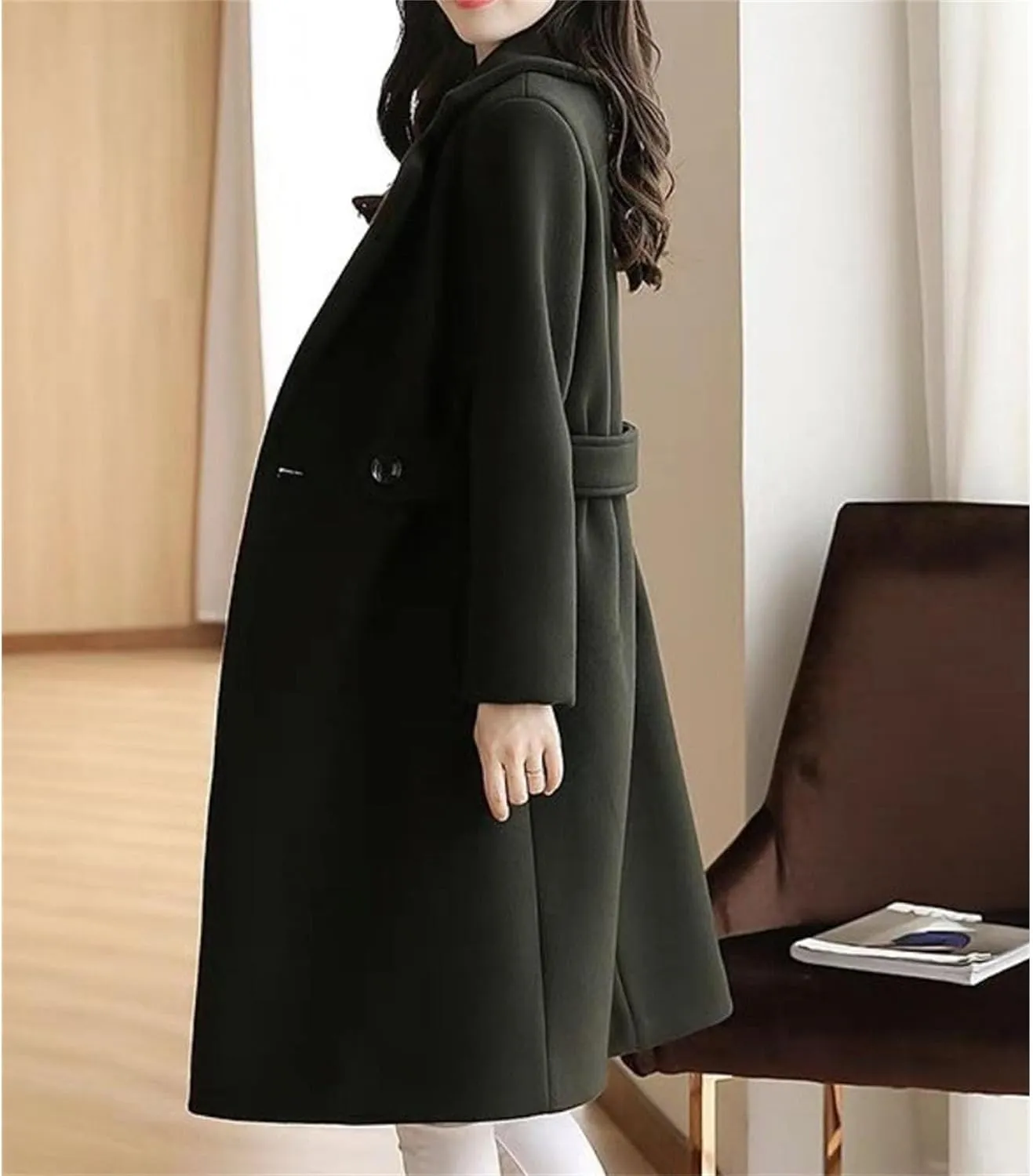 Maiyifu-GJ Women's Elegant Notched Lapel Coat Mid-Length Thicken Warm Wool Blend Coats Casual Fall Winter Long Overcoat
