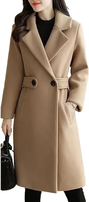 Maiyifu-GJ Women's Elegant Notched Lapel Coat Mid-Length Thicken Warm Wool Blend Coats Casual Fall Winter Long Overcoat