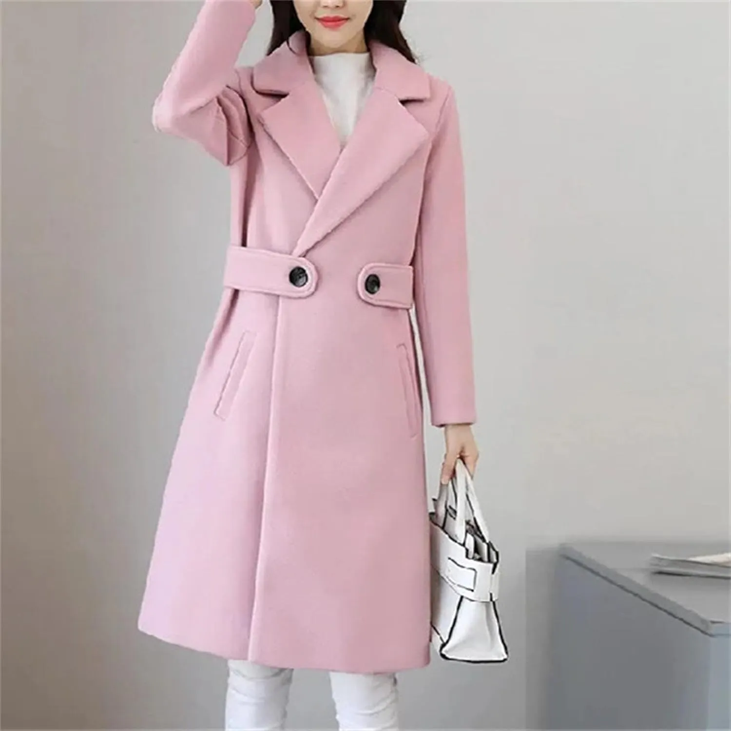 Maiyifu-GJ Women's Elegant Notched Lapel Coat Mid-Length Thicken Warm Wool Blend Coats Casual Fall Winter Long Overcoat
