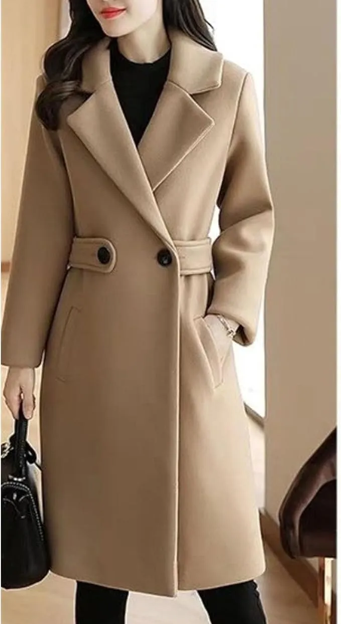 Maiyifu-GJ Women's Elegant Notched Lapel Coat Mid-Length Thicken Warm Wool Blend Coats Casual Fall Winter Long Overcoat