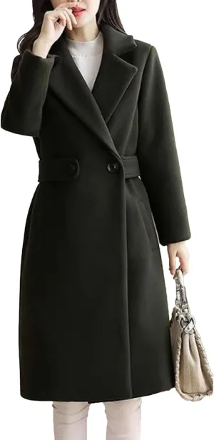 Maiyifu-GJ Women's Elegant Notched Lapel Coat Mid-Length Thicken Warm Wool Blend Coats Casual Fall Winter Long Overcoat