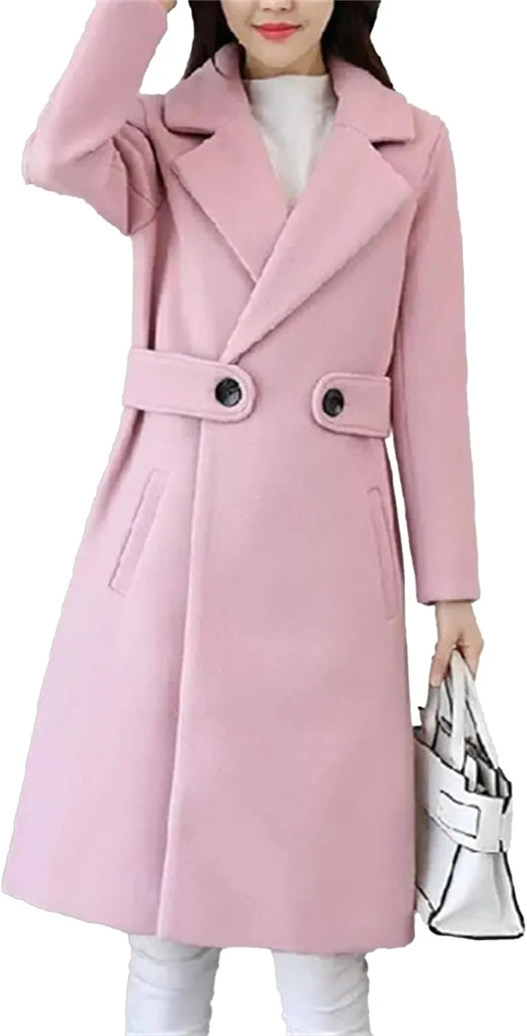 Maiyifu-GJ Women's Elegant Notched Lapel Coat Mid-Length Thicken Warm Wool Blend Coats Casual Fall Winter Long Overcoat