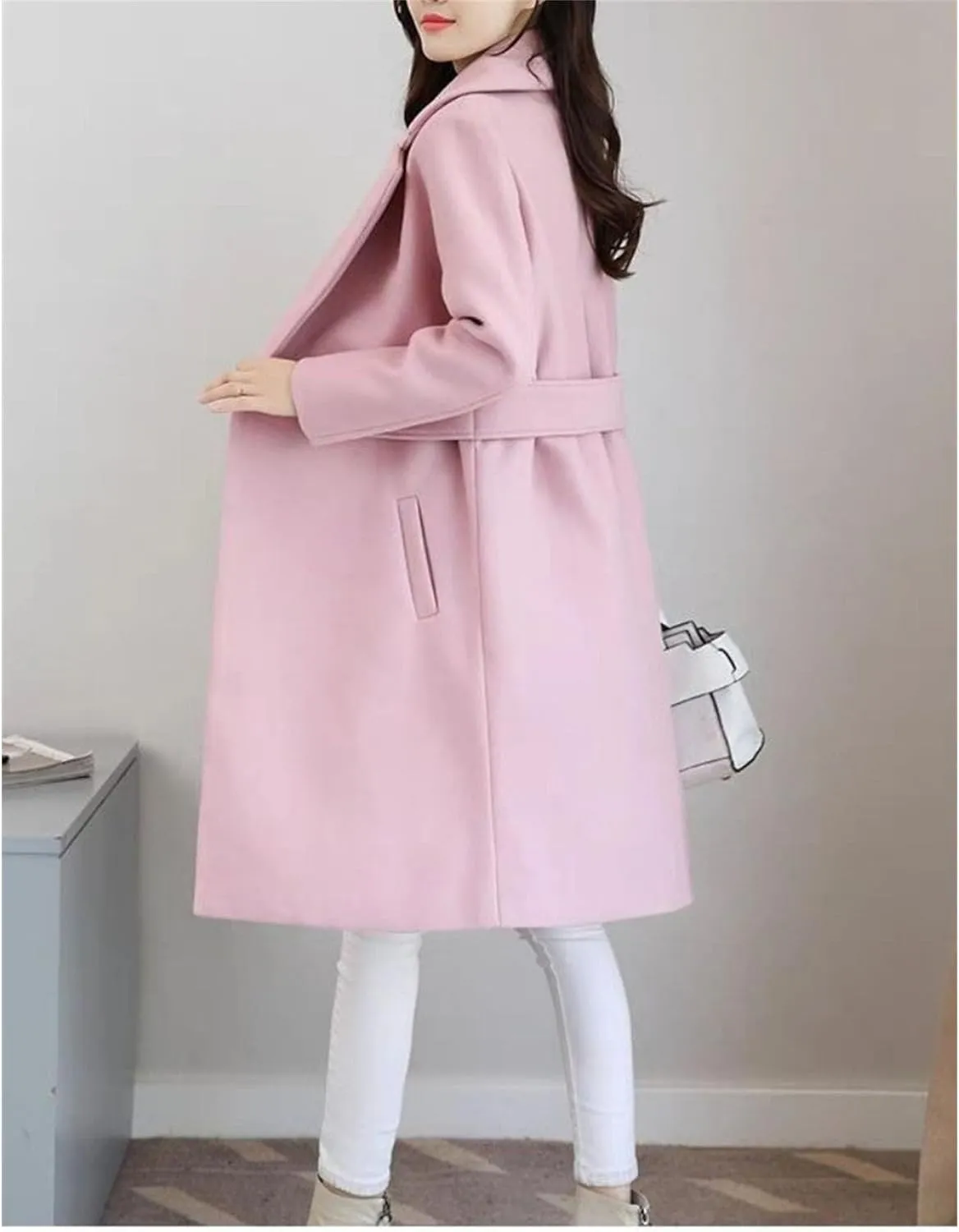 Maiyifu-GJ Women's Elegant Notched Lapel Coat Mid-Length Thicken Warm Wool Blend Coats Casual Fall Winter Long Overcoat